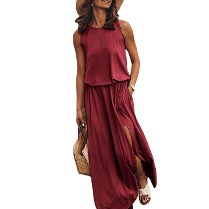 Elevate your style effortlessly with our stunning Wine Red Dress!  Featuring an elastic waist and stylish side split, it's the ultimate go-to outfit for any occasion. Versatile and easy to wear, whether you're running errands or relaxing with friends, this dress adds a touch of elegance to your wardrobe. 