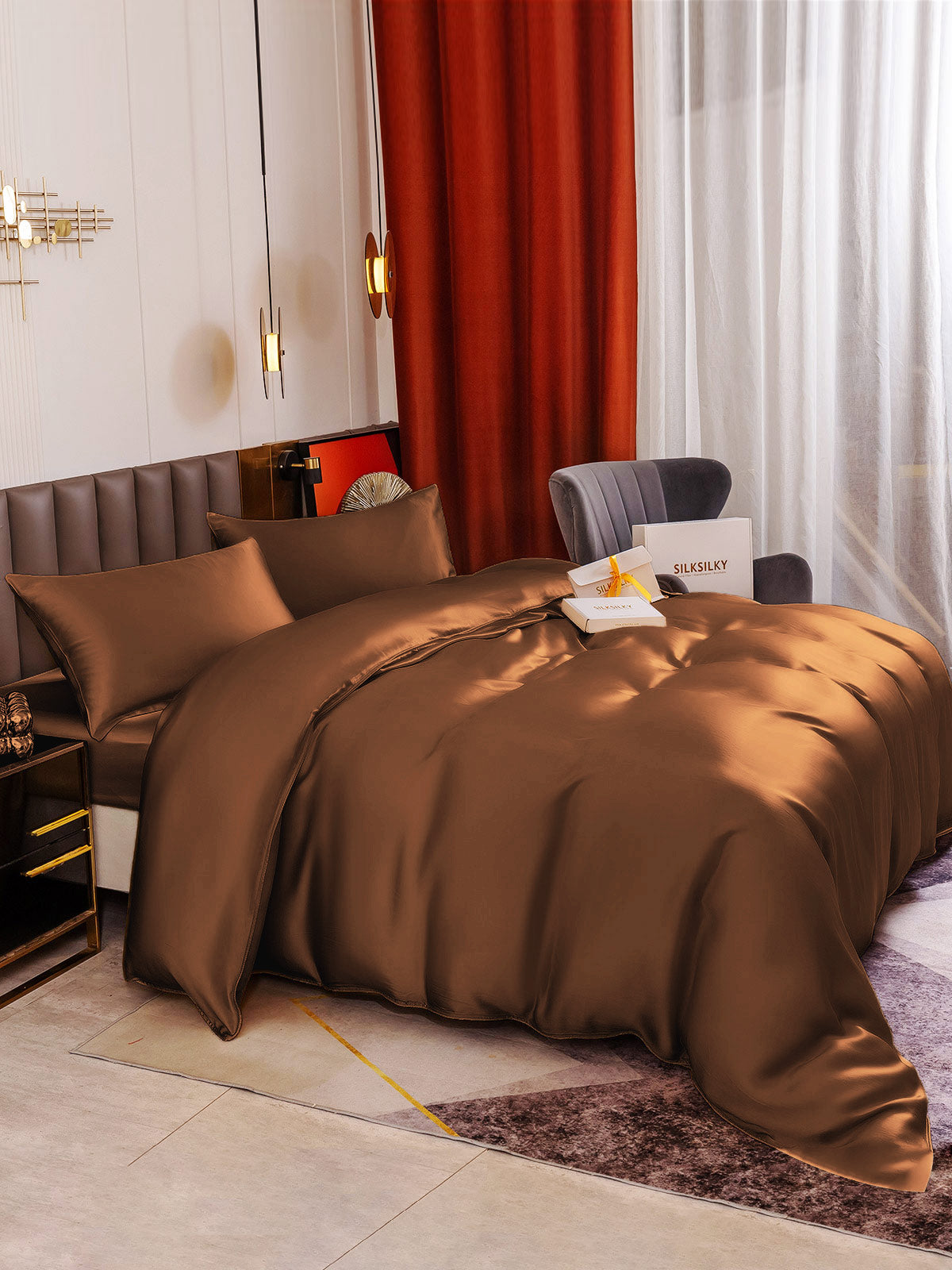 Silk Bedding Set including Duvet Cover + Fitted Sheet + 2 Pillowcases