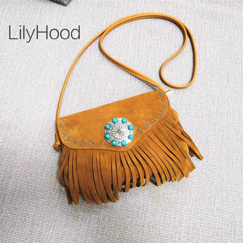 Female Genuine Leather Bohemian Gypsy Handbag 2024 Fashion Natural Suede Fringes Tribal Boho Chic Small Messenger Bag for Women