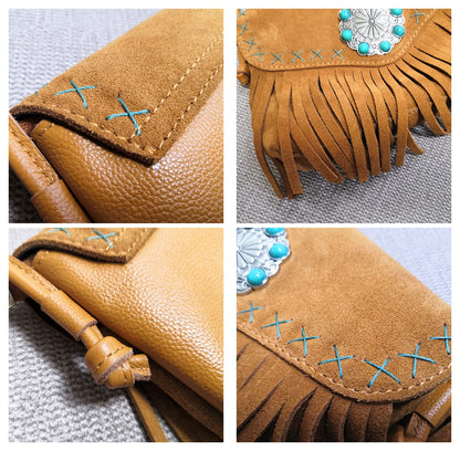 Female Genuine Leather Bohemian Gypsy Handbag 2024 Fashion Natural Suede Fringes Tribal Boho Chic Small Messenger Bag for Women