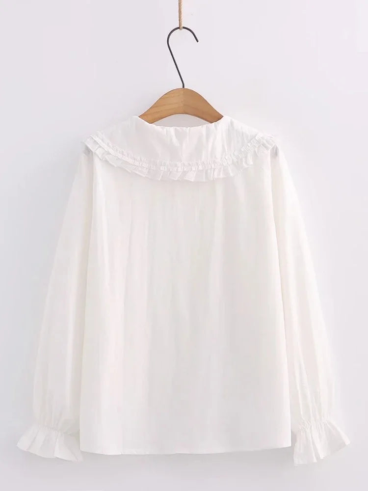 Preppy Lolita Style Women 100% cotton White Shirt Long Sleeve Peter Pan Collar Bowknot  Blouse  JK School Uniform Top