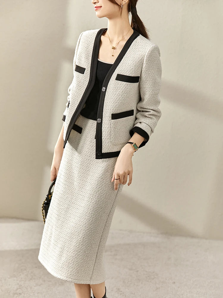 Sentubila Hight Quality Tweed Sets for Women 2023 Outfits Korean Fashion Short V-neck Tweed Jacket Coat Straight Midi Skirt Set