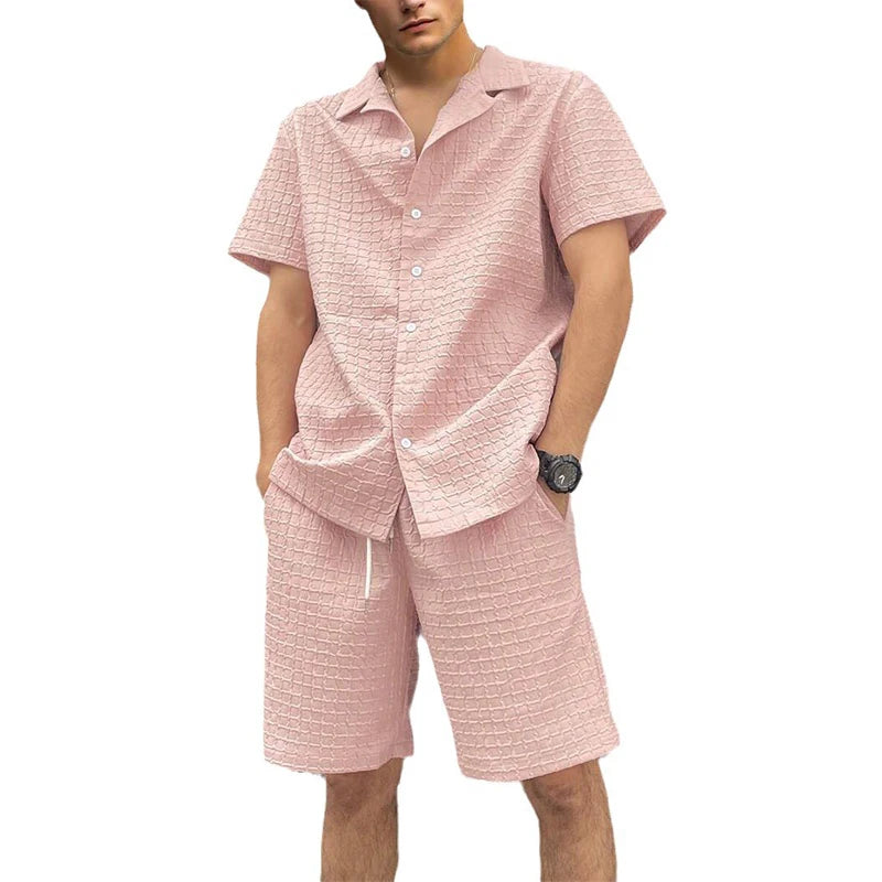 2024 Summer Beach Casual Two Piece Suits Men Fashion Plaid Solid Color Loose Lapel Shirts And Shorts Mens Sets Vintage Outfits