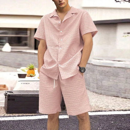 2024 Summer Beach Casual Two Piece Suits Men Fashion Plaid Solid Color Loose Lapel Shirts And Shorts Mens Sets Vintage Outfits