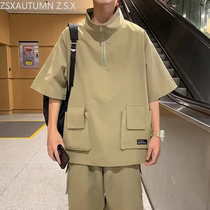 Cargo Pants Short Suit Male Summer Solid Color Loose Tshirts and Shorts 2 Piece Set Japanese Style Outdoor Casual Tracksuit Men