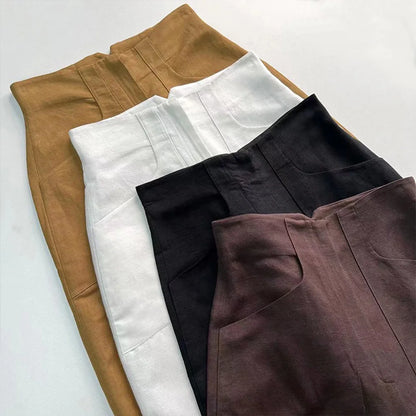 Mediterranean Collection ~ High Waisted Casual Trousers Bent Pants Linen Curved Pants