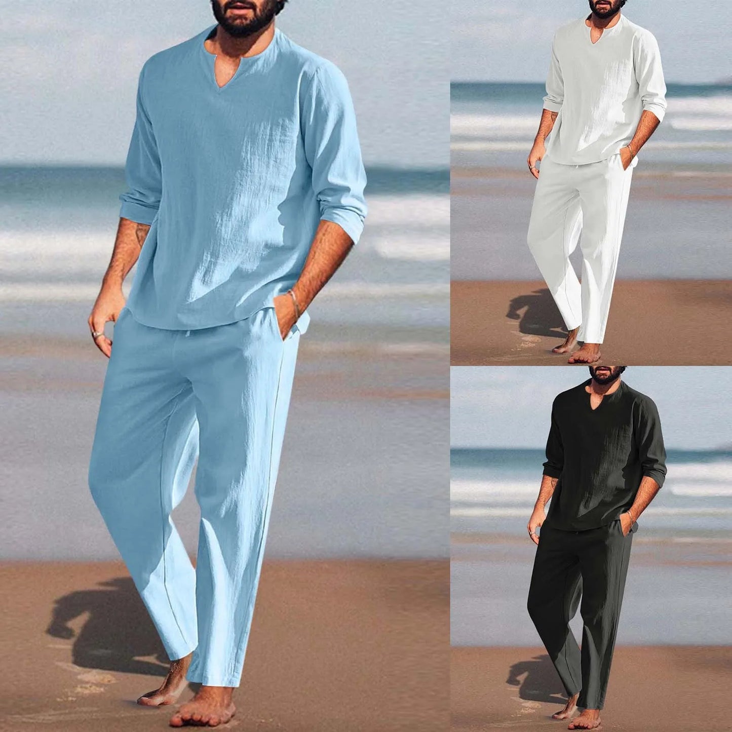 Summer 2Pcs/set Men's Cotton Linen Blend Sets Long Sleeve V-neck T Shirts Pants Set Casual Men Beach Clothes Set