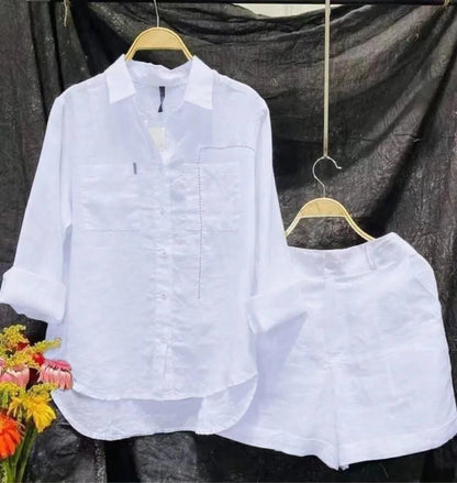 Fashion White Long Sleeve Shirt And Shorts Two Piece Sets Women 2023 Summer Cotton Linen Casual Home 2 Piece Set For Women Suit