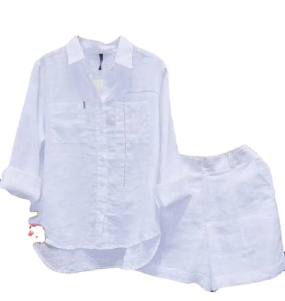 Fashion White Long Sleeve Shirt And Shorts Two Piece Sets Women 2023 Summer Cotton Linen Casual Home 2 Piece Set For Women Suit