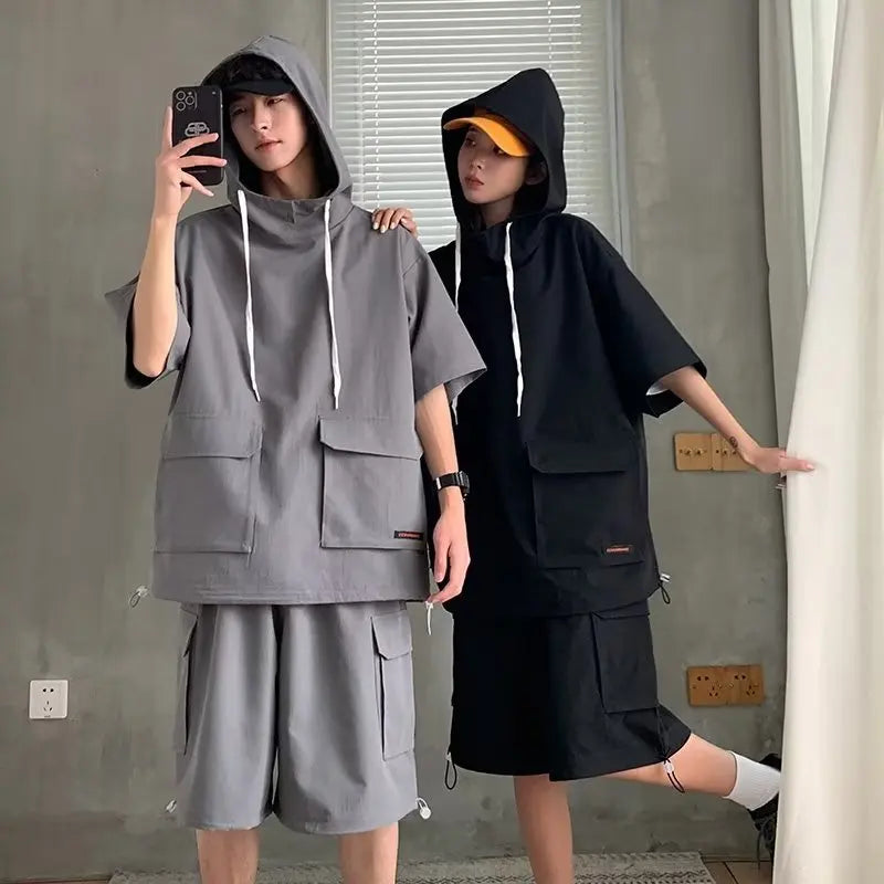 Tracksuit Men Cargo Pants Harajuku Couples Short Suit Male Solid Color Loose T-shirts and Shorts 2 Piece Set Outdoor Casual