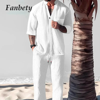 Summer Simple Retro Style Men's Two Piece Set Summer Short Sleeve Shirt Trouser Set Casual Solid Color Loose Street Set for Men